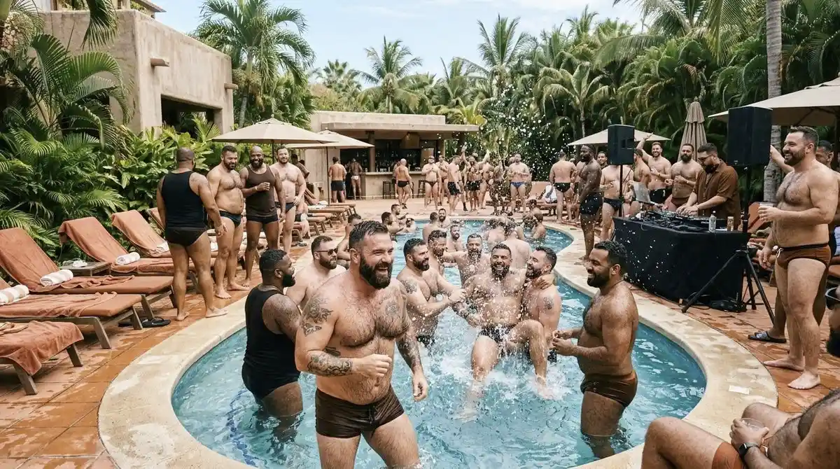 Multitudinaria fiesta en piscina durante Bear festival internacional con música y celebración diversa