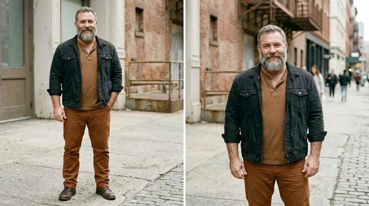 Hombre bear de 40 años con barba canosa y presencia natural mostrando autoaceptación