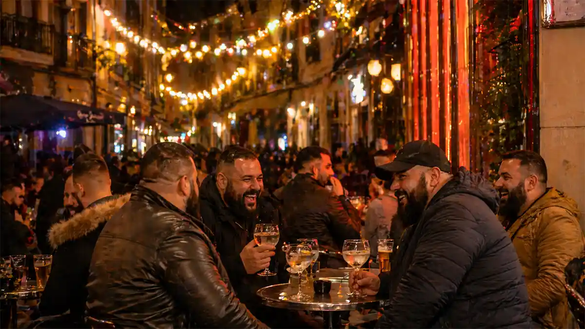 Terraza de un bar en el barrio de Chueca, Madrid, durante Navidad.