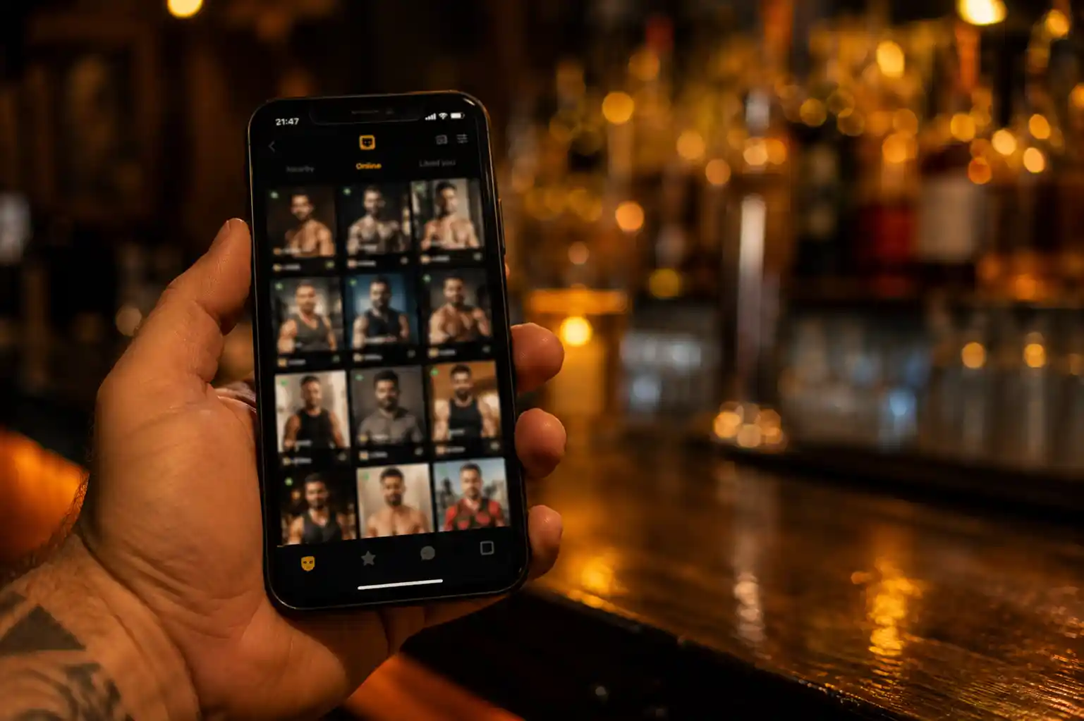 Pantalla de un smartphone mostrando una cuadrícula borrosa de perfiles de una app de citas El Bear no es una talla: la identidad Bear va más allá