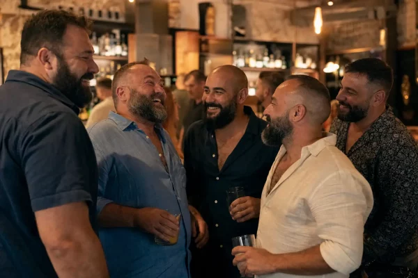 Humor bear comunidad en un bar con hombres Bear riendo juntos