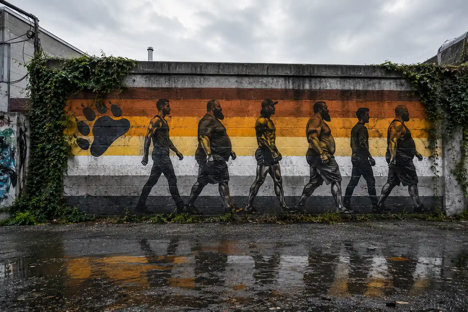 Mural sobre hormigón con siluetas de Bears con diferentes complexiones Identidad Bear