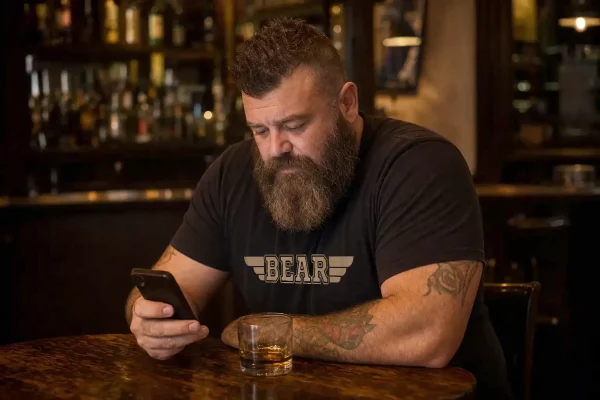 Bear apps, dating bear, growlr, scruff en una escena de bar Bear con un hombre mirando el móvil