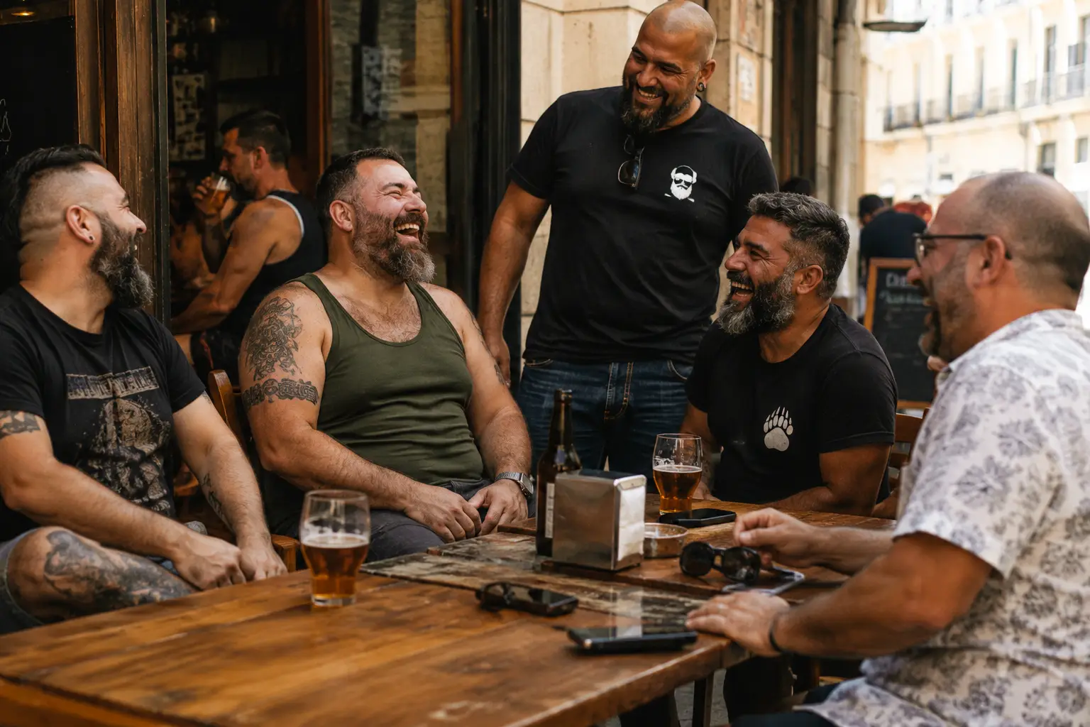 Humor bear comunidad: por qué la risa también tiene pelo, panza y memoria en capitancapo Varios hombres bear en una terraza disfrutando con humor bear