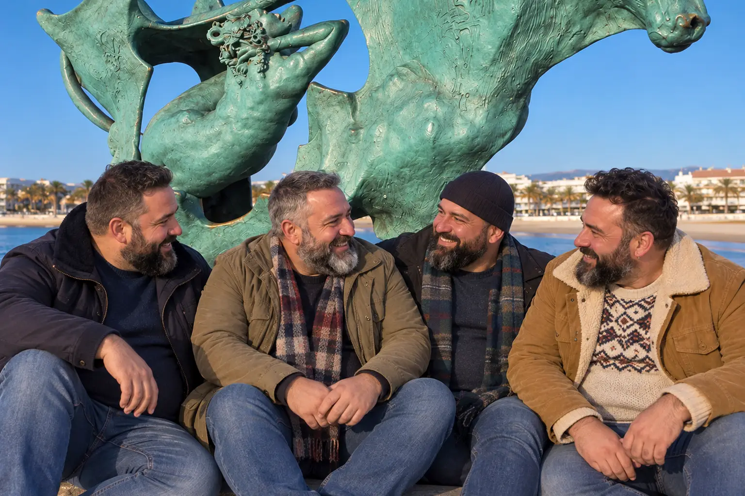 Bears en invierno paseando de noche por vilanova i la geltrú Grupo de hombres bear paseando de noche en invierno junto al puerto de vilanova i la geltrú, con luces cálidas de fondo