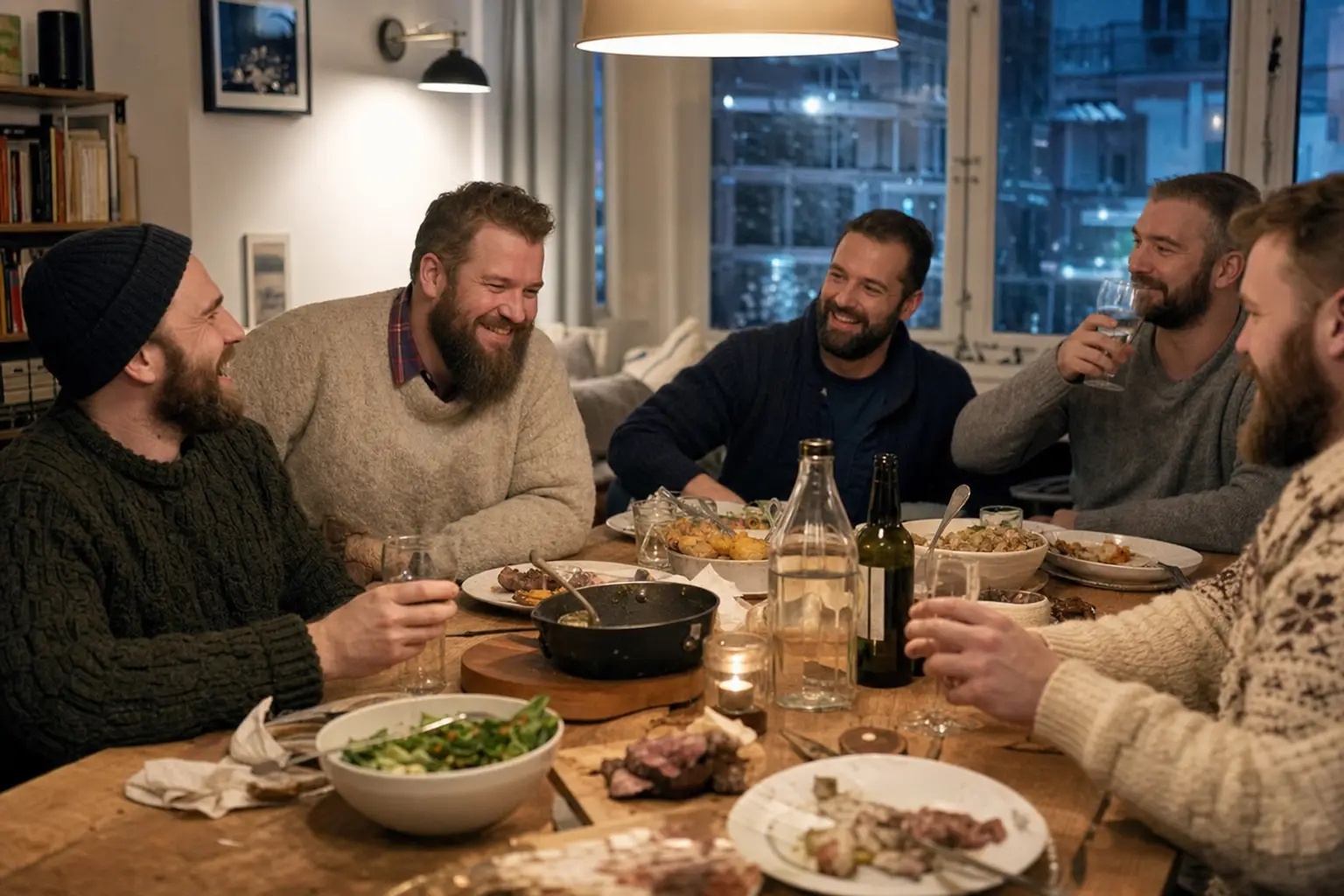 Invierno bear y la hibernación del oso en otras guaridas en capitancapo Comunidad bear en una cena de invierno con jerséis y ambiente cálido