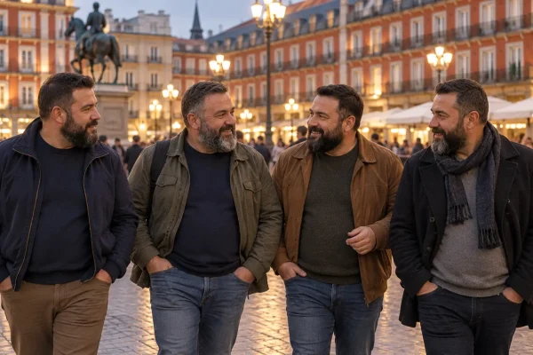 Capitancapo en capitancapo Invierno bear con hombres bear vestidos con ropa de abrigo en una escena urbana de invierno