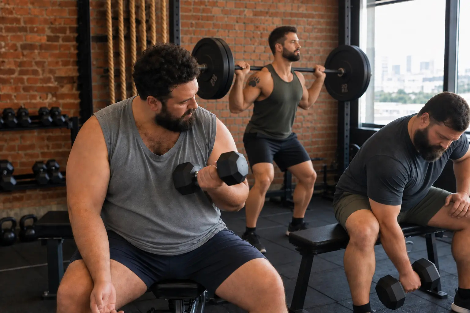 Masculinidad bear de verdad y masculinidad fake de escaparate en capitancapo Osos con cuerpos distintos entrenando juntos en el gimnasio, masculinidad bear