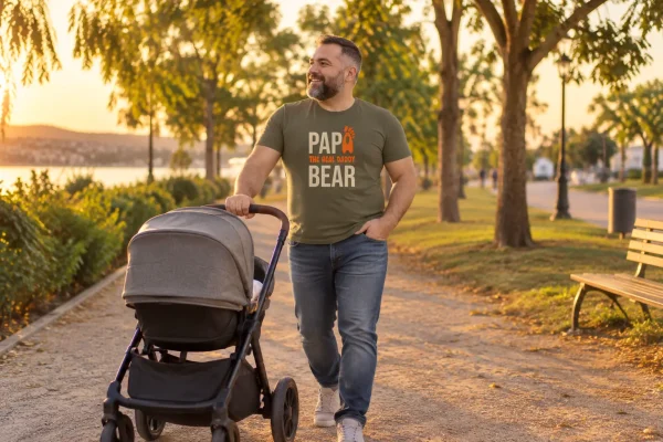 Hombre papá bear en una escena cotidiana de parque inspirada en Papá Bear, The Real Daddy